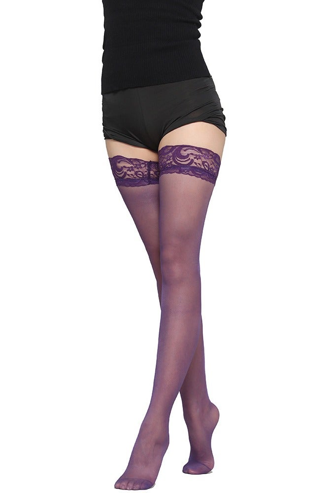 جولي جوارب نسائية أنيقة، جوارب طويلة فوق الركبة، جوارب شريطية مزينة بفيونكة، جوارب نايلون وسيليكون قابلة للتنفس، أرجواني - Image 1