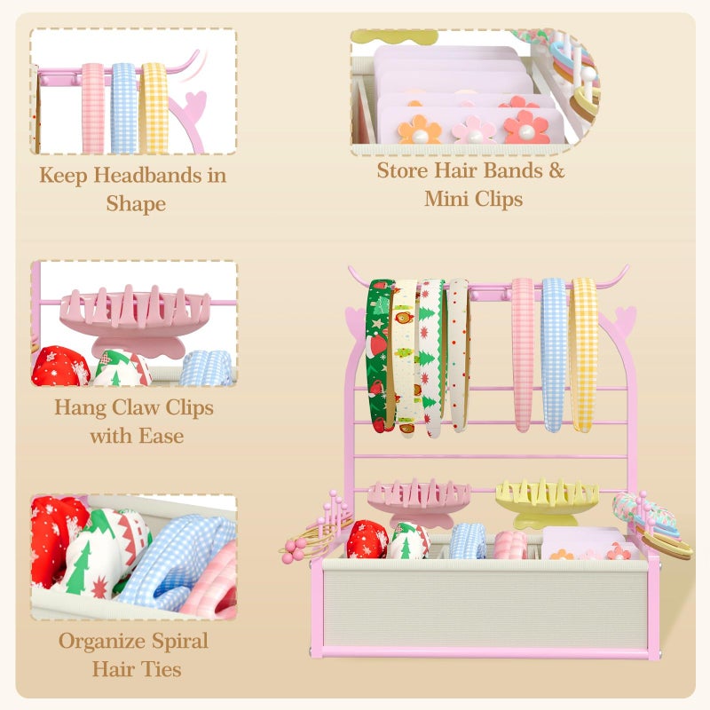 TIPSYTREE Headband Holder Organizer for Girls, Hair Accessories Storage Stand with Adjustable Fabric Storage Box, Deer Antler Design Stand for Scrunchies, Bows, Clips & Hair Ties, Pink - Image 3