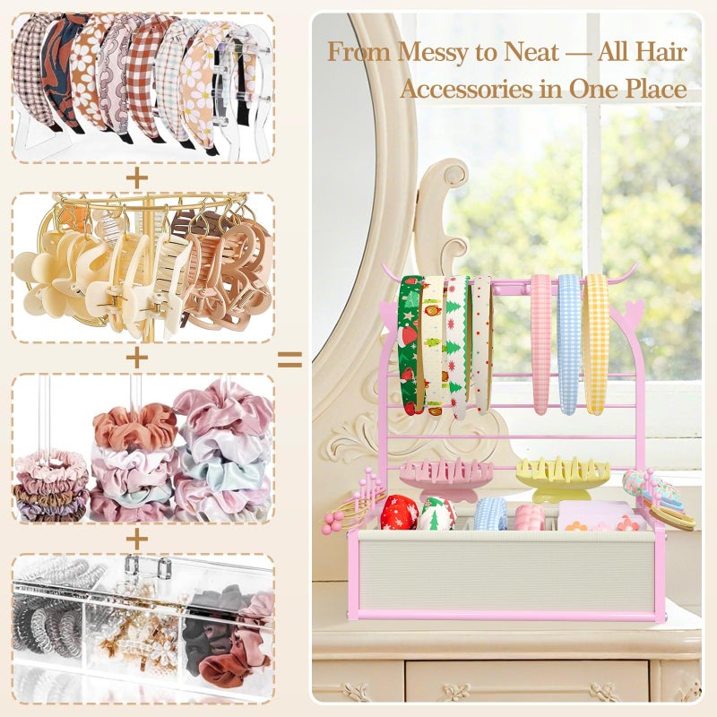 TIPSYTREE Headband Holder Organizer for Girls, Hair Accessories Storage Stand with Adjustable Fabric Storage Box, Deer Antler Design Stand for Scrunchies, Bows, Clips & Hair Ties, Pink - Image 5