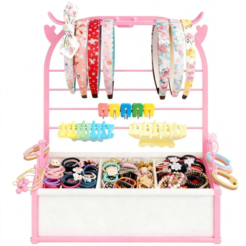 TIPSYTREE Headband Holder Organizer for Girls, Hair Accessories Storage Stand with Adjustable Fabric Storage Box, Deer Antler Design Stand for Scrunchies, Bows, Clips & Hair Ties, Pink - Image 1