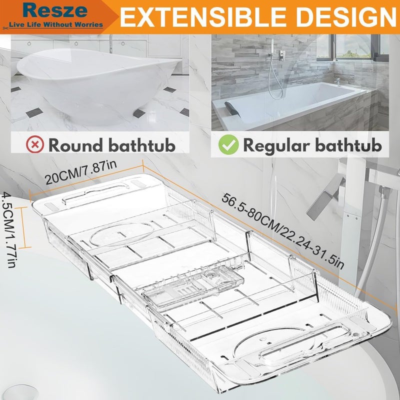 Resze Premium Clear Bathtub Caddy Tray, Expandable Plastic Bath Tray with BPA-Free, Waterproof Foldable Bathtub Shelf, Perfect for a New Home & Mother’s Day & a Birthday Gift for Mom - Image 2