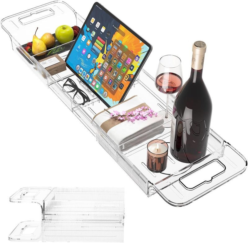 Resze Premium Clear Bathtub Caddy Tray, Expandable Plastic Bath Tray with BPA-Free, Waterproof Foldable Bathtub Shelf, Perfect for a New Home & Mother’s Day & a Birthday Gift for Mom - Image 1