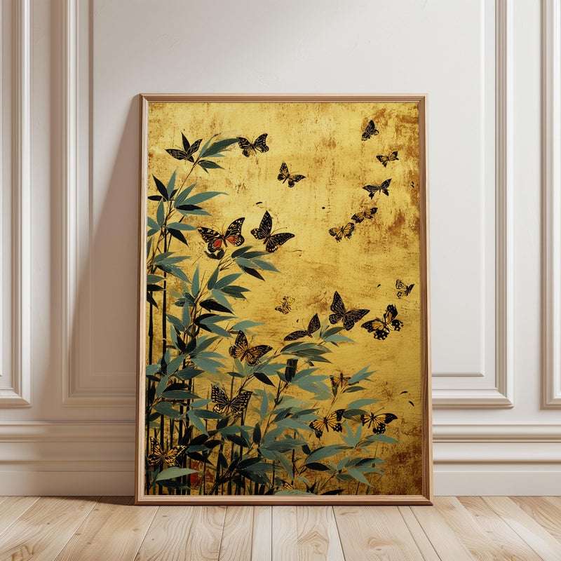 TNESSENTIAL Butterfly Poster, Golden Monarch Illustration with Bamboo, Asian Inspired Art - Image 1