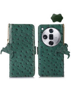 HuHa Case Cover For OPPO Find X7 Pro / Find X7 Ultra Ostrich Pattern Genuine Leather RFID Phone Case Green 