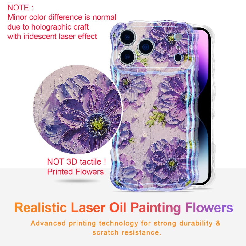 EYZUTAK Case for iPhone 17 Pro, Colorful Retro Oil Painting Printed Flower Laser Glossy Pattern Cute Curly Wave Edge Exquisite Phone Cover Stylish Durable TPU Protective Case for Girl Women-Purple - Image 2
