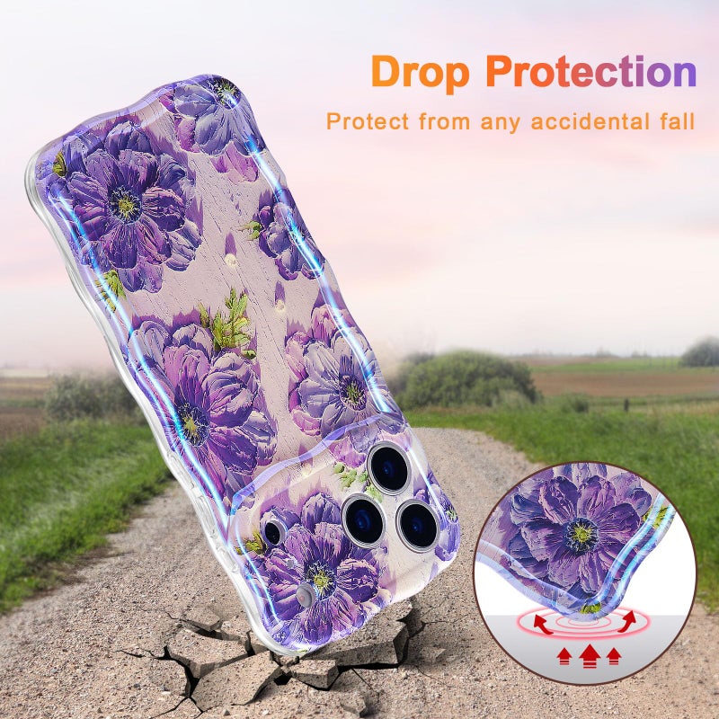 EYZUTAK Case for iPhone 17 Pro, Colorful Retro Oil Painting Printed Flower Laser Glossy Pattern Cute Curly Wave Edge Exquisite Phone Cover Stylish Durable TPU Protective Case for Girl Women-Purple - Image 3