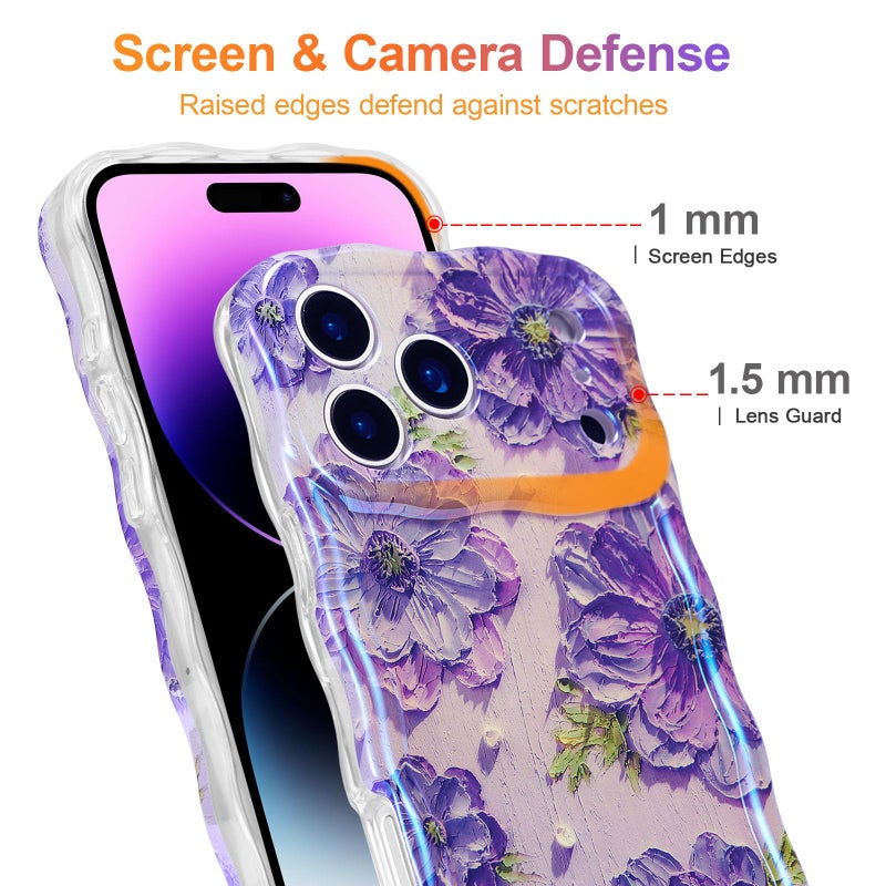 EYZUTAK Case for iPhone 17 Pro, Colorful Retro Oil Painting Printed Flower Laser Glossy Pattern Cute Curly Wave Edge Exquisite Phone Cover Stylish Durable TPU Protective Case for Girl Women-Purple - Image 4