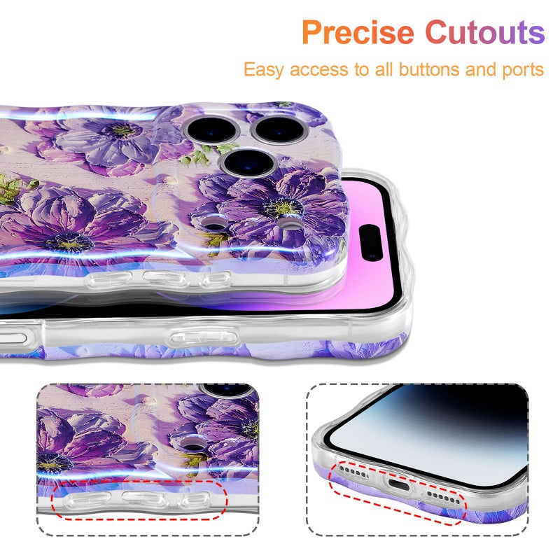 EYZUTAK Case for iPhone 17 Pro, Colorful Retro Oil Painting Printed Flower Laser Glossy Pattern Cute Curly Wave Edge Exquisite Phone Cover Stylish Durable TPU Protective Case for Girl Women-Purple - Image 5