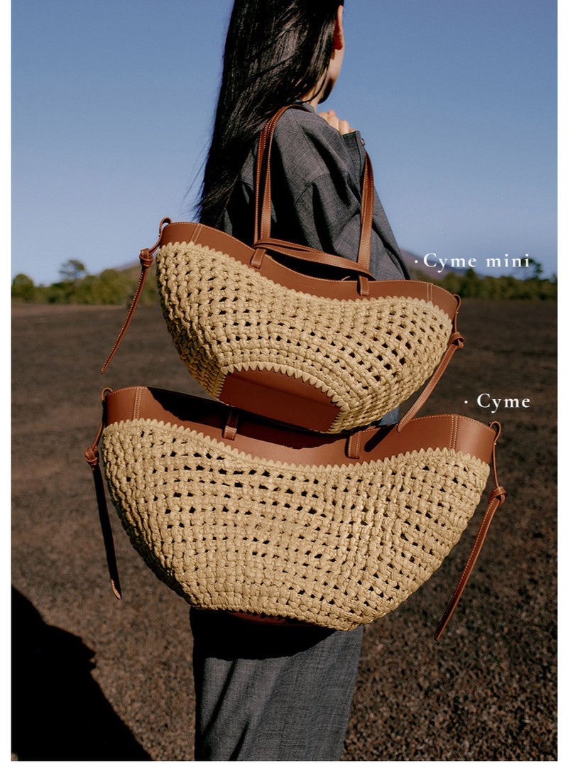 Polène Cyme Large Size Cognac Color Rafi Grass Style Crossbody Bag - Image 2