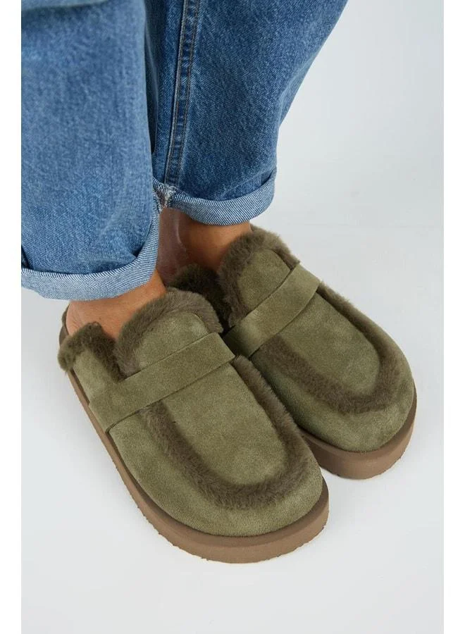 Manijero  (Ecemi Platform) Women's Genuine Leather Fur Loafer Platform Olive Slipper. for Women | Best Price UAE