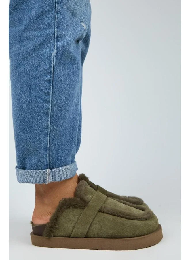 Manijero  (Ecemi Platform) Women's Genuine Leather Fur Loafer Platform Olive Slipper. for Women | Best Price UAE