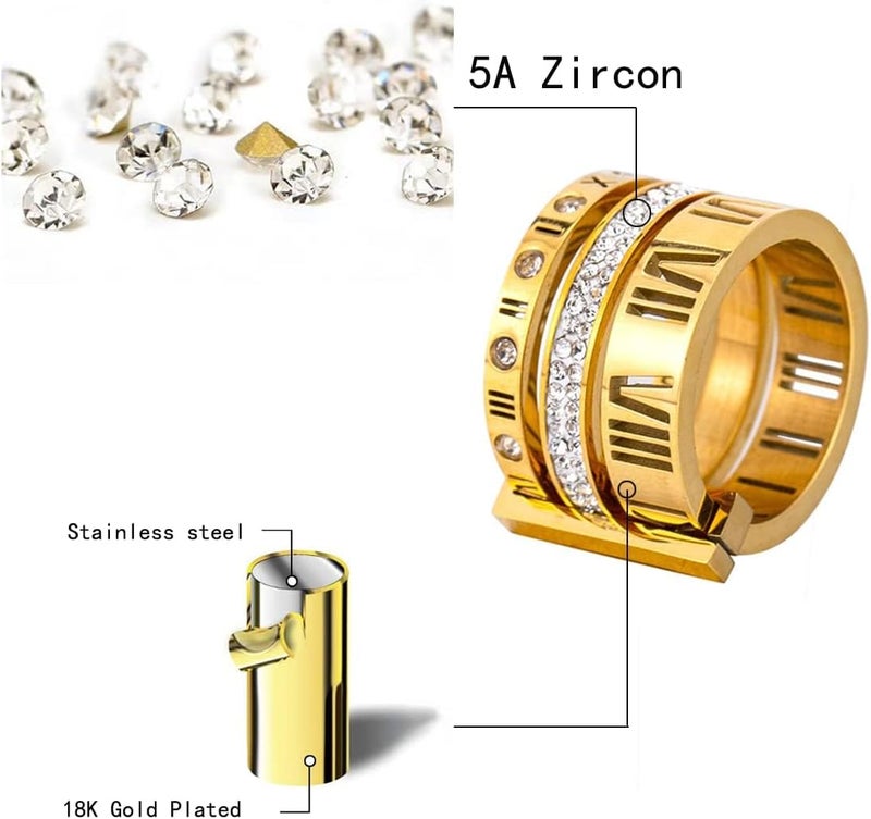 Excefore Stainless Steel Zirconia Rings for Women Girls Roman Numeral 3 in 1 Spinner Gold Weeding Ring Band, Women's Gold Wedding Band - Image 2