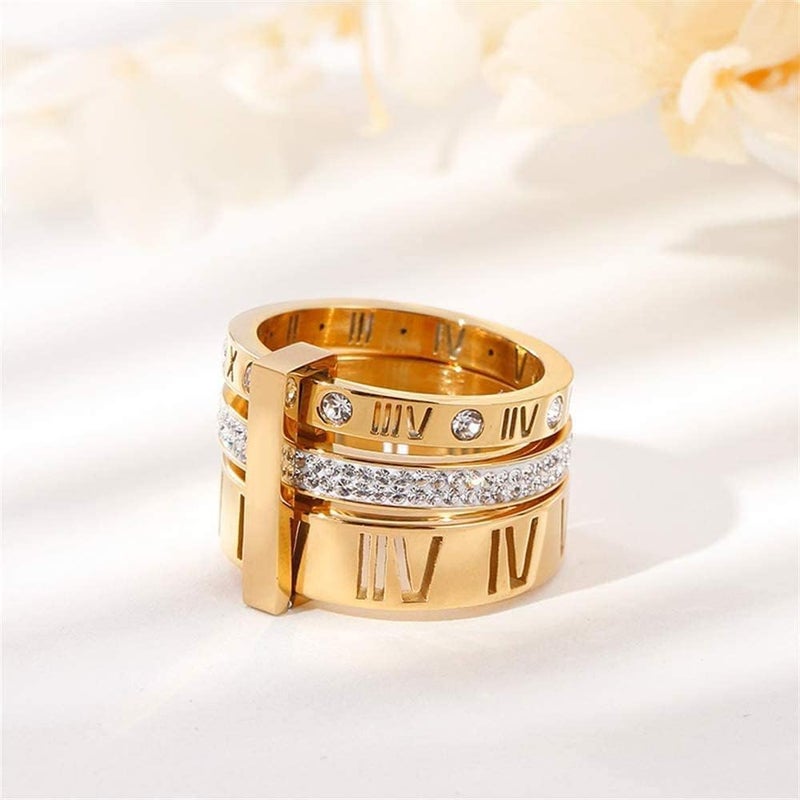 Excefore Stainless Steel Zirconia Rings for Women Girls Roman Numeral 3 in 1 Spinner Gold Weeding Ring Band, Women's Gold Wedding Band - Image 4