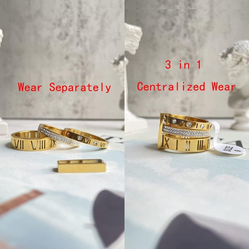 Excefore Stainless Steel Zirconia Rings for Women Girls Roman Numeral 3 in 1 Spinner Gold Weeding Ring Band, Women's Gold Wedding Band - Image 3