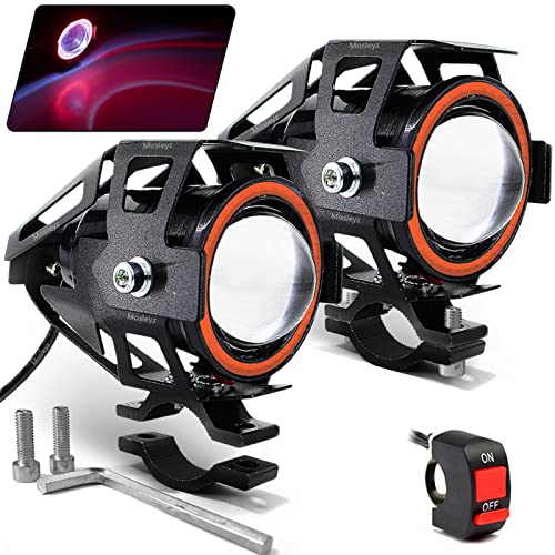 Mosleyz Motorcycle LED Fog Lights U7 Spotlight Daytime Running Lights with Red Angel Eyes Halo Ring and ON/Off Toggle Switch 2-Sets - Image 1
