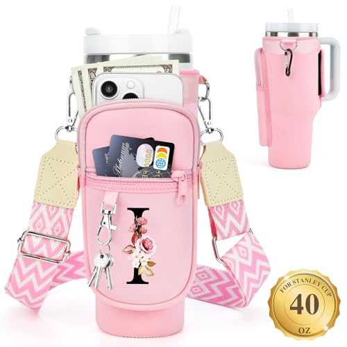 LOKASS Personalized Water Bottle Holder with Strap for Stanley Cup Accessories 40 oz Initial for Stanley Cup Holder Carrier Bag with Phone Pocket Stylish Tumbler Accessories Gifts for Women Pink - Image 1