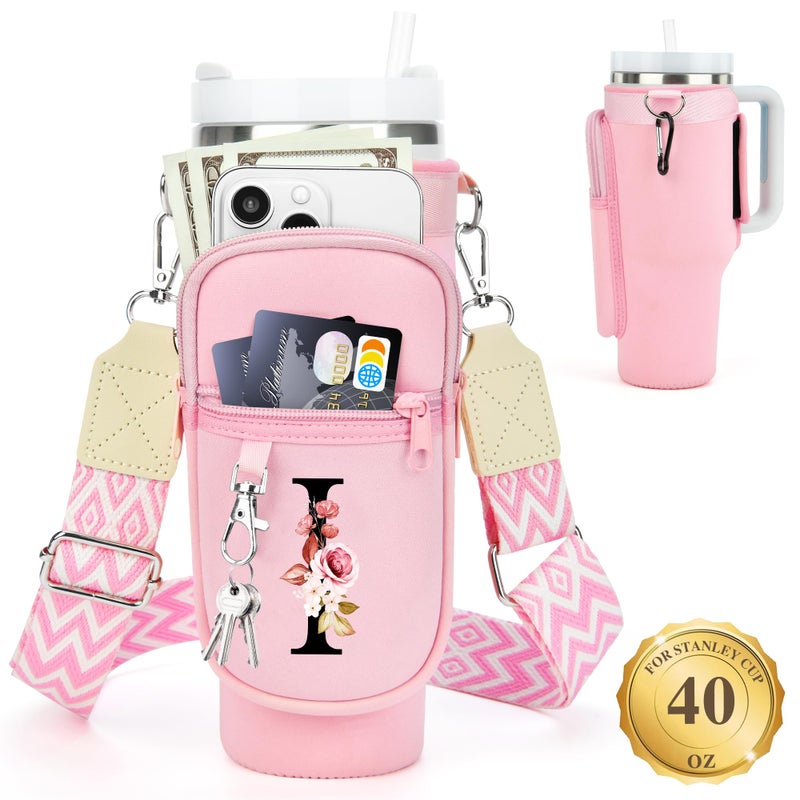 LOKASS Personalized Water Bottle Holder with Strap for Stanley Cup Accessories 40 oz Initial for Stanley Cup Holder Carrier Bag with Phone Pocket Stylish Tumbler Accessories Gifts for Women Pink - Image 2