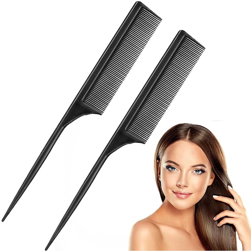 FAMEZA 2 Pack Rat Tail Combs for Women Fine Tooth Comb Parting Tip Carbon Fiber Root Teasing Anti Static Heat Resistant Adding Volume Evening Hair Styling - Image 1