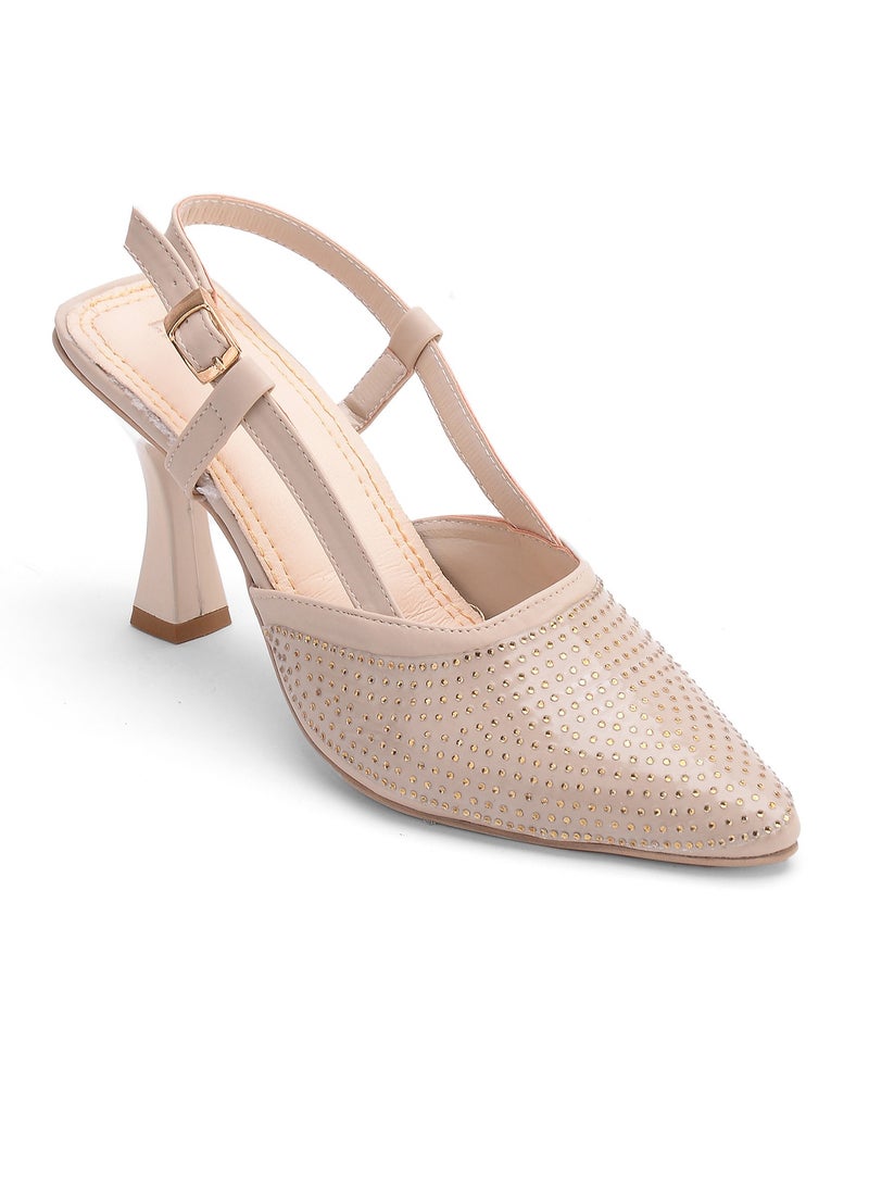 LIFESTYLISH Shoes Heels Leather With Sequined F-32 - Beige  - Image 2