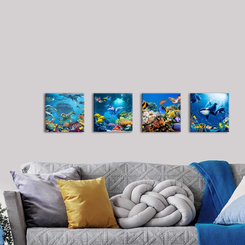 YOOOAHU Blue Underwater World Wall Art Ocean Sea Turtle Dolphin Whale Fish Wall Decor for Living Room Coastal Seascape Photo Canvas Prints Bathroom Beach Pictures Artwork Bedroom Home Decorations 12x12  4 Pcs - Image 4