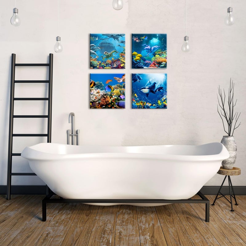 YOOOAHU Blue Underwater World Wall Art Ocean Sea Turtle Dolphin Whale Fish Wall Decor for Living Room Coastal Seascape Photo Canvas Prints Bathroom Beach Pictures Artwork Bedroom Home Decorations 12x12  4 Pcs - Image 2