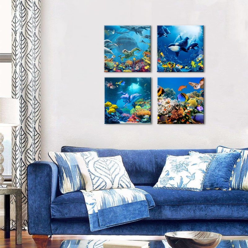YOOOAHU Blue Underwater World Wall Art Ocean Sea Turtle Dolphin Whale Fish Wall Decor for Living Room Coastal Seascape Photo Canvas Prints Bathroom Beach Pictures Artwork Bedroom Home Decorations 12x12  4 Pcs - Image 1