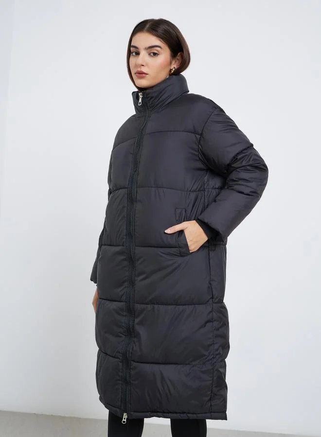 Styli Black Oversized Padded Coat with Side Pockets