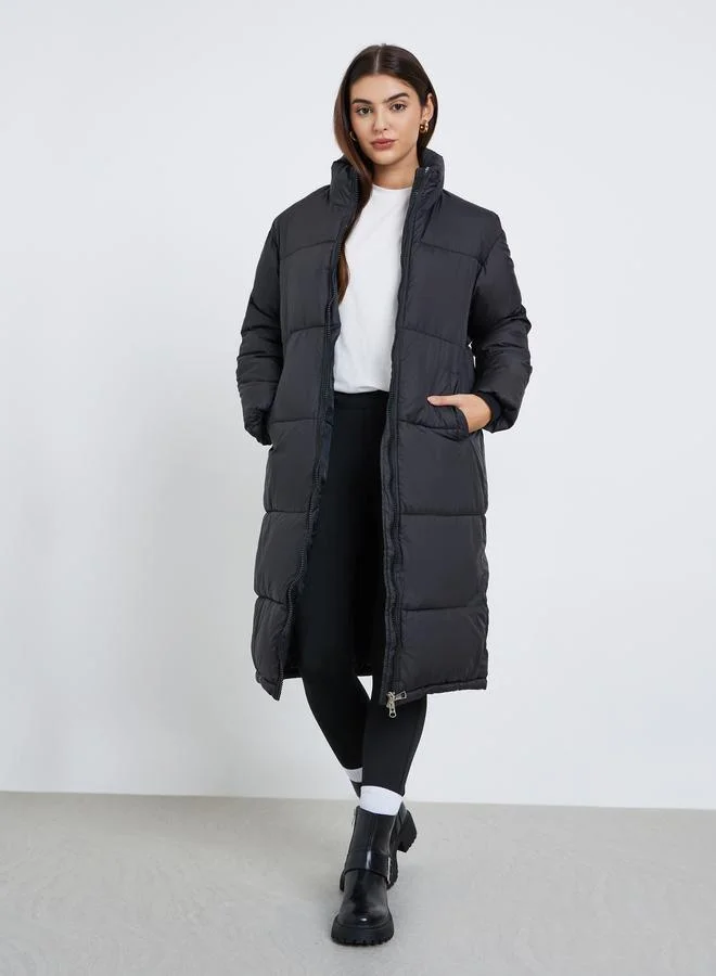Styli Black Oversized Padded Coat with Side Pockets