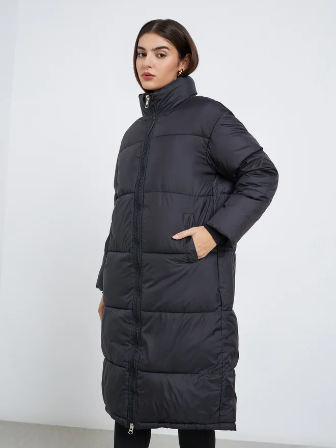 Styli Black Oversized Padded Coat with Side Pockets