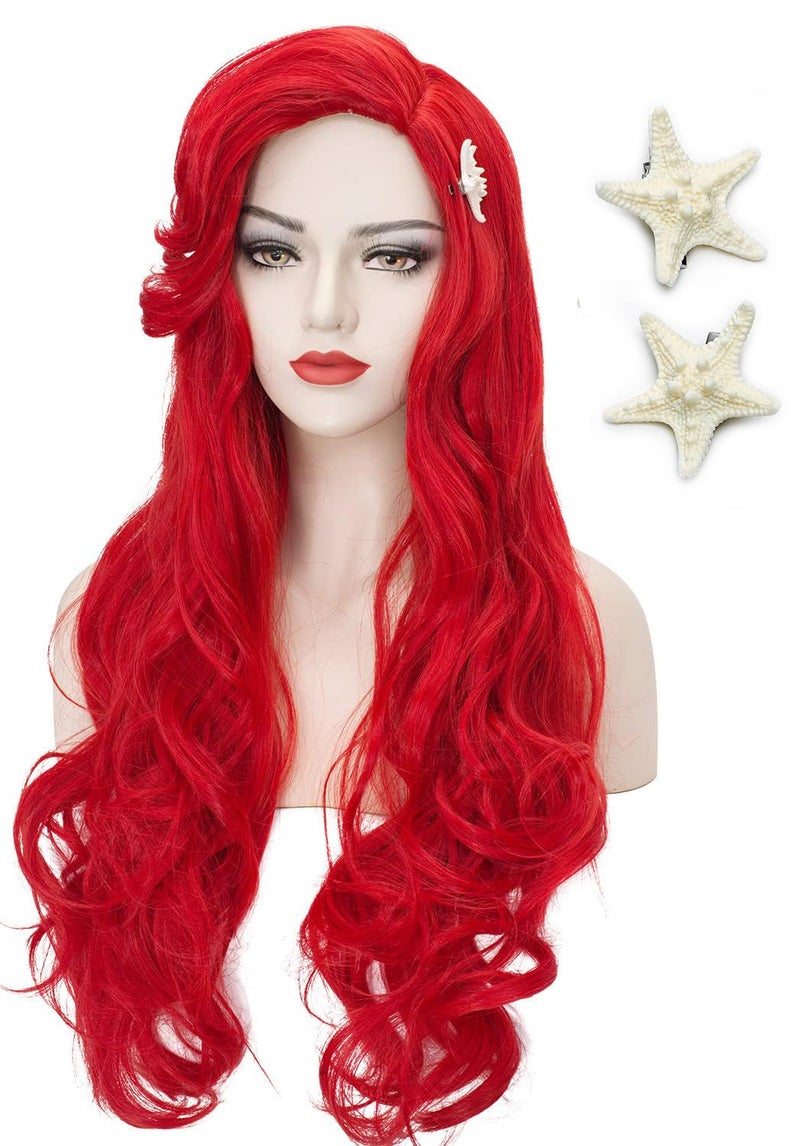 LABEAUT Red Mermaid Wigs with Starfish Hairpin Curly Long Daily Wig Hair Heat Resistant Synthetic Fiber for Halloween for Cosplay for Christmas