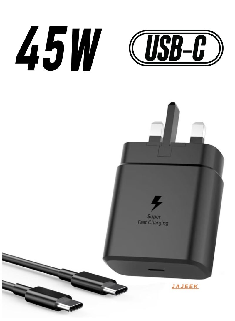 JAJEEK Fast Charger for Samsung Galaxy, 45W Charger Head with Charging Cable, Super-Fast Charging (UK Plug with USB Type-C Cable), Black – Quick Power Delivery for Phones, Tablets, Laptops, and More, Ideal Travel Adapter - Image 1