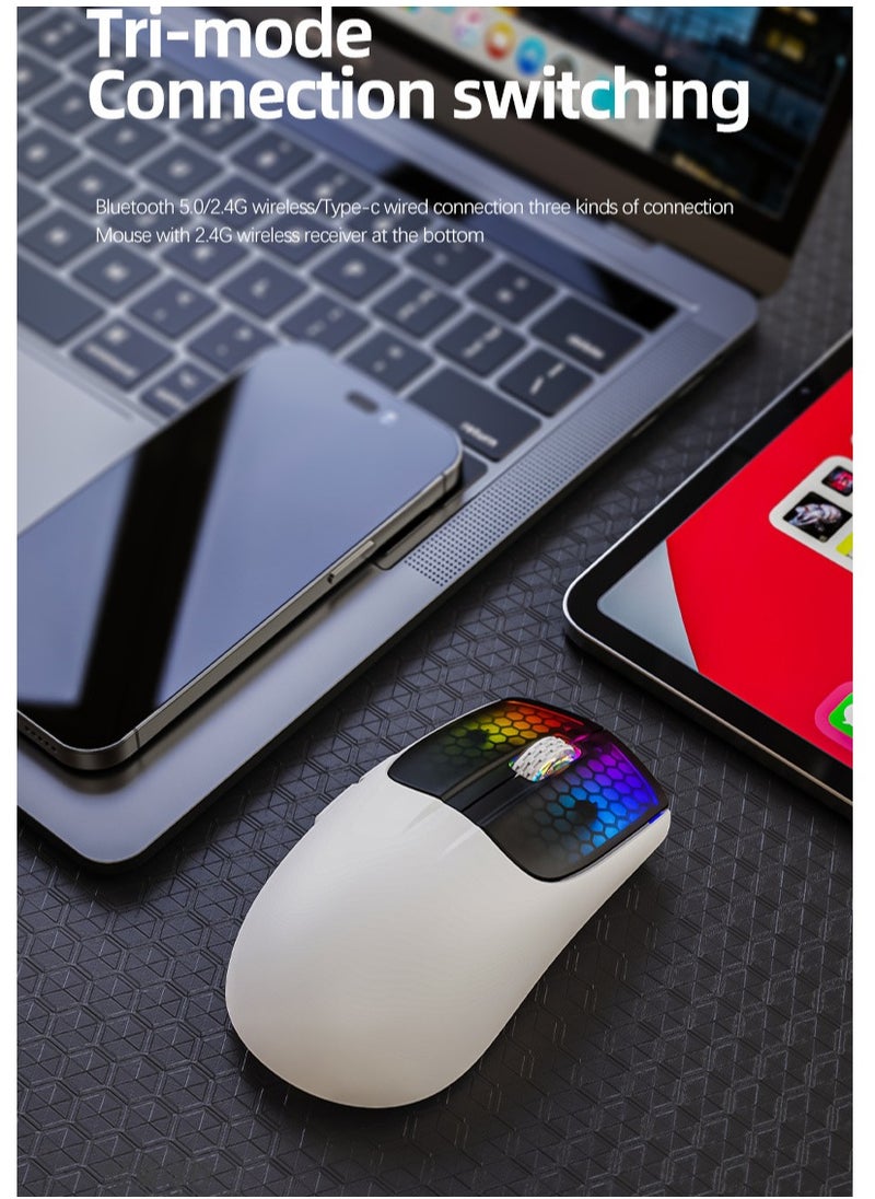 Lightweight  Wireless Gaming Mouse with Tri-Modes BT 5.1/2.4Ghz/USB-C,Rechargeable Battery,RGB LED Honeycomb light Mice for PC/Tablet/Desktop/Office/Games
