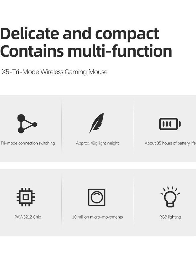 Lightweight  Wireless Gaming Mouse with Tri-Modes BT 5.1/2.4Ghz/USB-C,Rechargeable Battery,RGB LED Honeycomb light Mice for PC/Tablet/Desktop/Office/Games