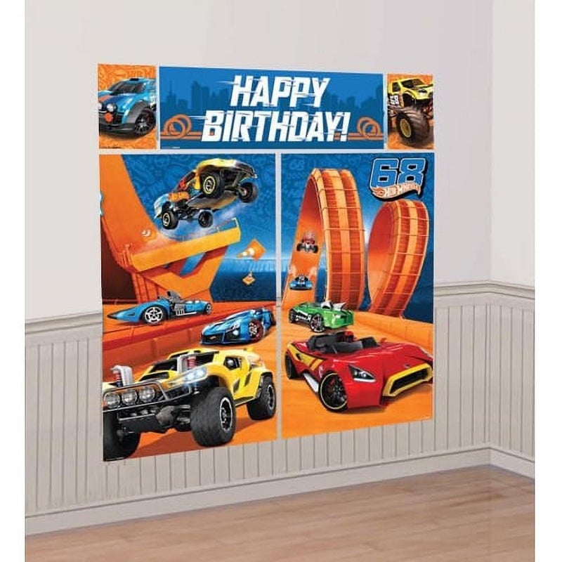 Amscan Adorable Hot Wheels Wild Racer Scene Setters Wall Decor Kit - (5 Piece Set) - Perfect for Kids' Birthdays & Racing-Themed Events