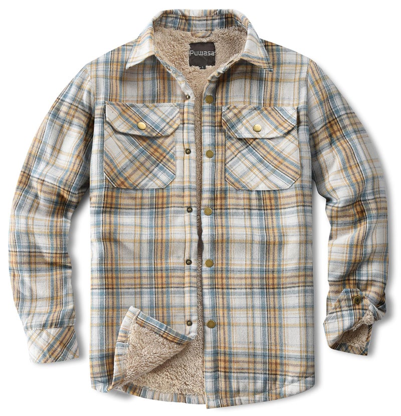 Puwasa Men's Lightweight Cotton Jacket Fleece Lined Flannel Jacket Button Up Shirts Long Sleeve Winter Coat Light Blue Large - Image 1
