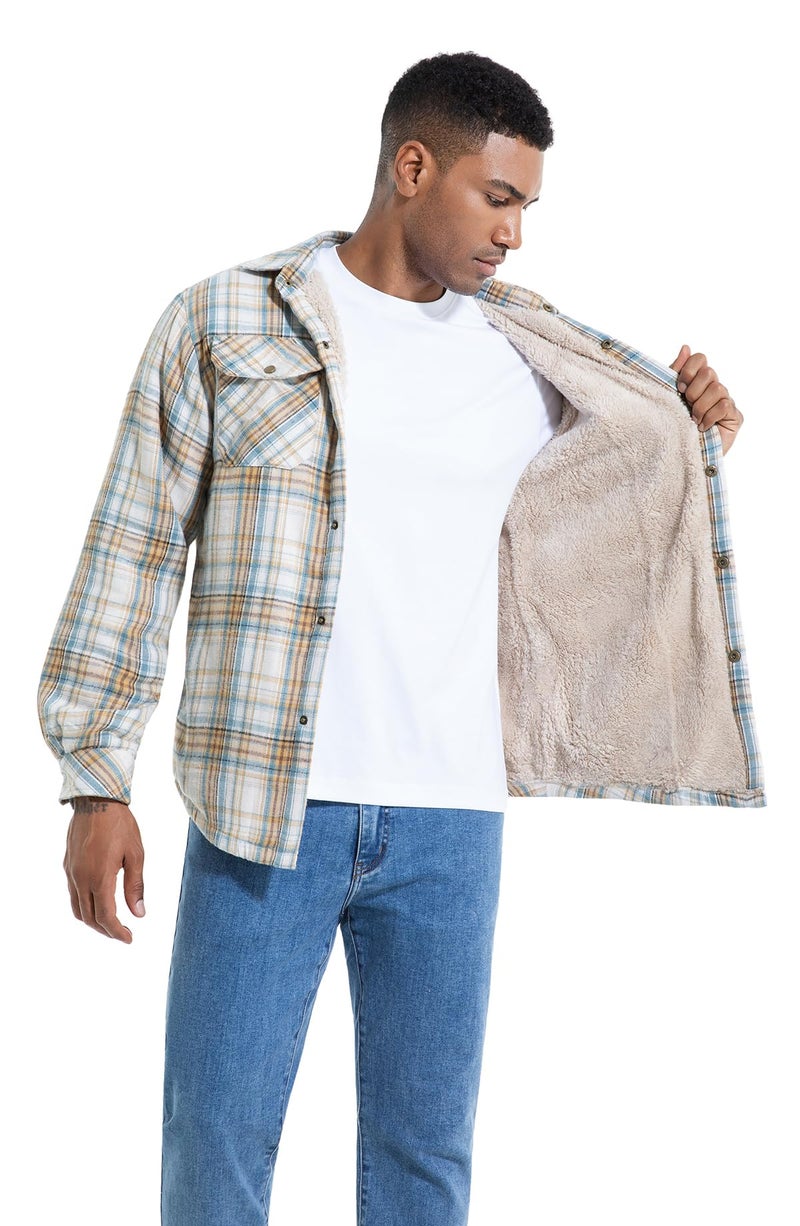 Puwasa Men's Lightweight Cotton Jacket Fleece Lined Flannel Jacket Button Up Shirts Long Sleeve Winter Coat Light Blue Large - Image 2