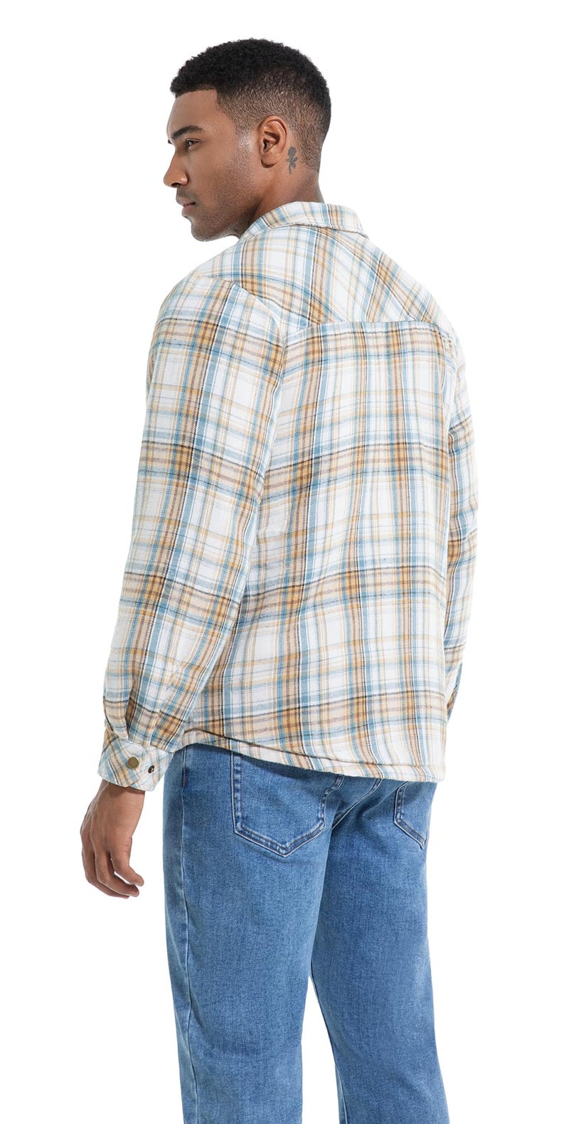 Puwasa Men's Lightweight Cotton Jacket Fleece Lined Flannel Jacket Button Up Shirts Long Sleeve Winter Coat Light Blue Large - Image 5