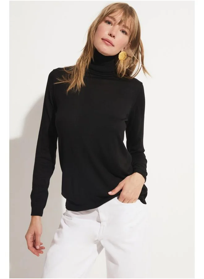 جون June Women Exclusive Viscose Blend Regular Fit Turtleneck Knitwear Sweater Black