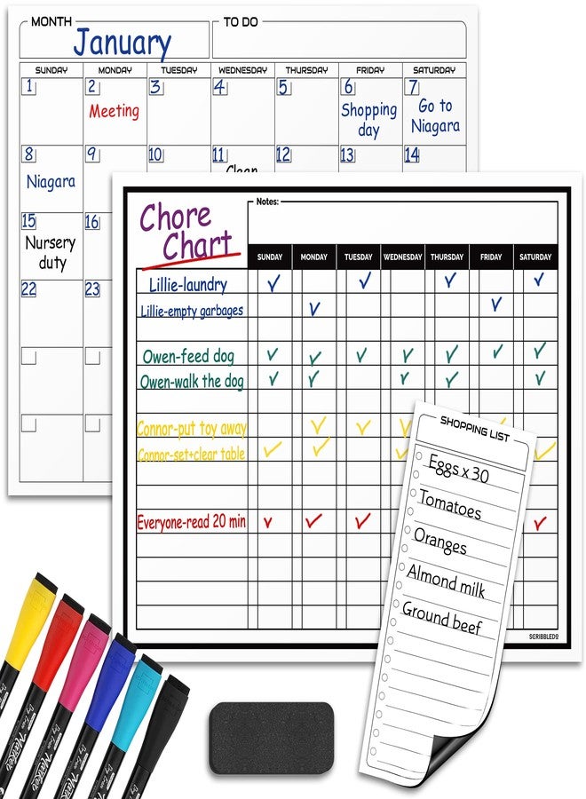 Scribbledo Magnetic Chore Chart for Kids Dry Erase Chore Chart for Adults 13” X 17” Behavior Reward Multiple Kids Chores Board Monthly Weekly Planner Magnetic Calendar For fridge Shopping List 6 Markers Included - Image 1