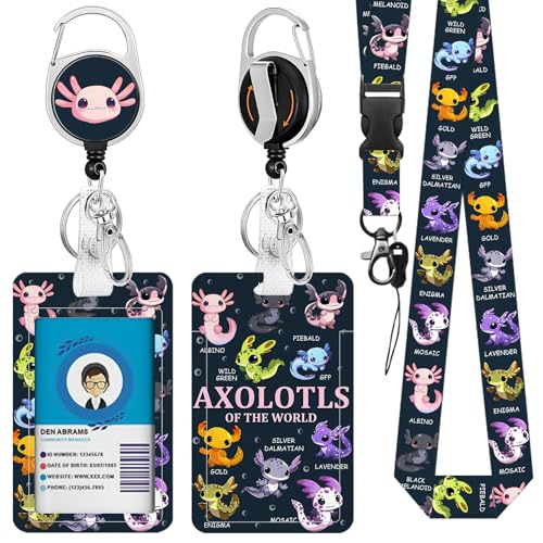 NIWPKDCE Axolotl ID Badge Holder with Lanyards & Retractable Reel Clip and Keychain, Kawaii Salamander Animal Name Tag Card Case, Back to School Supplies for Kids Teachers Doctors Nurses Students - Image 1