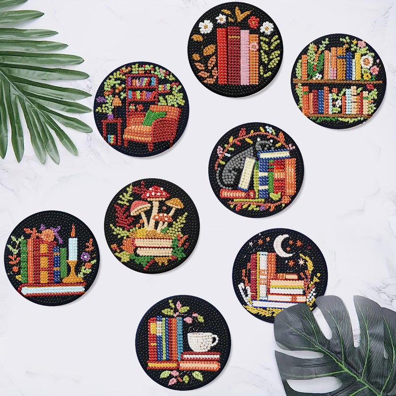Clendo 8 Pcs Bookshelf Diamond Art Coasters Kit - DIY 5D Small Diamond Painting Coasters with Holder, Mini Diamonds Arts Kits for Adults Coaster, Gem Art Arts and Crafts for Adults - Image 5