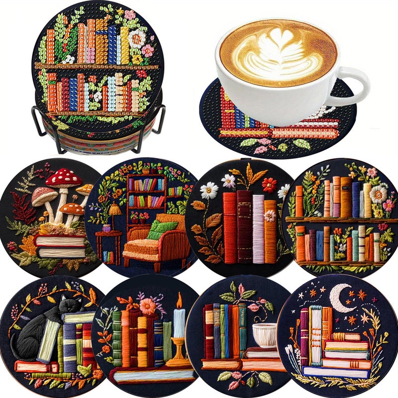 Clendo 8 Pcs Bookshelf Diamond Art Coasters Kit - DIY 5D Small Diamond Painting Coasters with Holder, Mini Diamonds Arts Kits for Adults Coaster, Gem Art Arts and Crafts for Adults - Image 1