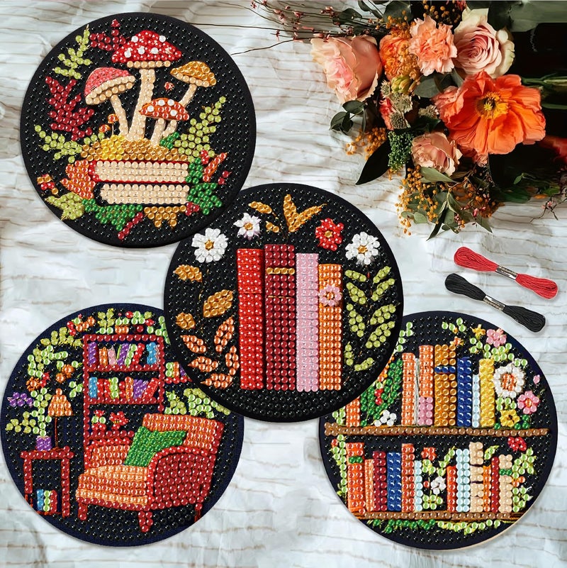 Clendo 8 Pcs Bookshelf Diamond Art Coasters Kit - DIY 5D Small Diamond Painting Coasters with Holder, Mini Diamonds Arts Kits for Adults Coaster, Gem Art Arts and Crafts for Adults - Image 3