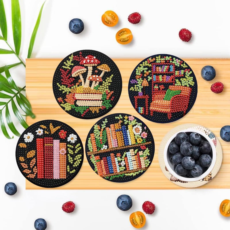 Clendo 8 Pcs Bookshelf Diamond Art Coasters Kit - DIY 5D Small Diamond Painting Coasters with Holder, Mini Diamonds Arts Kits for Adults Coaster, Gem Art Arts and Crafts for Adults - Image 4