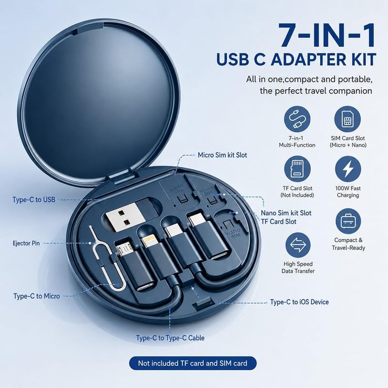 Yesimla USB C Adapter Kit, Multi Charging Cable Case Convertor USB C to iOS Device Type C Micro Adapter Data Transfer Contains Card Slot for Traveling, Use as Phone Holder(Midnight Blue) - Image 3