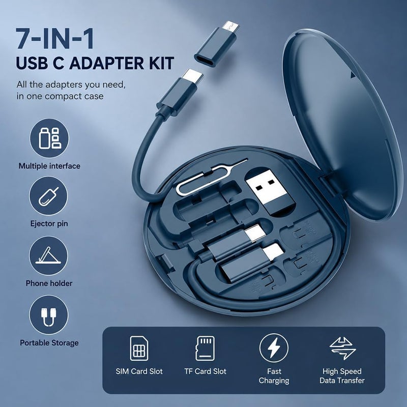 Yesimla USB C Adapter Kit, Multi Charging Cable Case Convertor USB C to iOS Device Type C Micro Adapter Data Transfer Contains Card Slot for Traveling, Use as Phone Holder(Midnight Blue) - Image 2