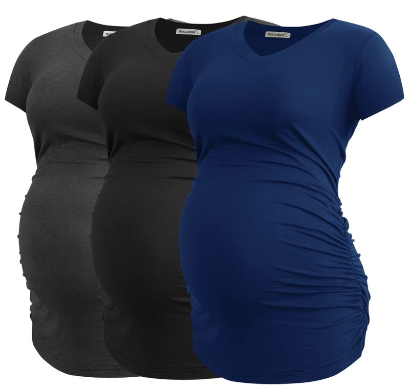 Smallshow Women's V Neck Maternity Shirt Side Ruched Tunic Pregnancy Short Sleeve Top Clothes 3-Pack Black/Deep Grey/Navy Large