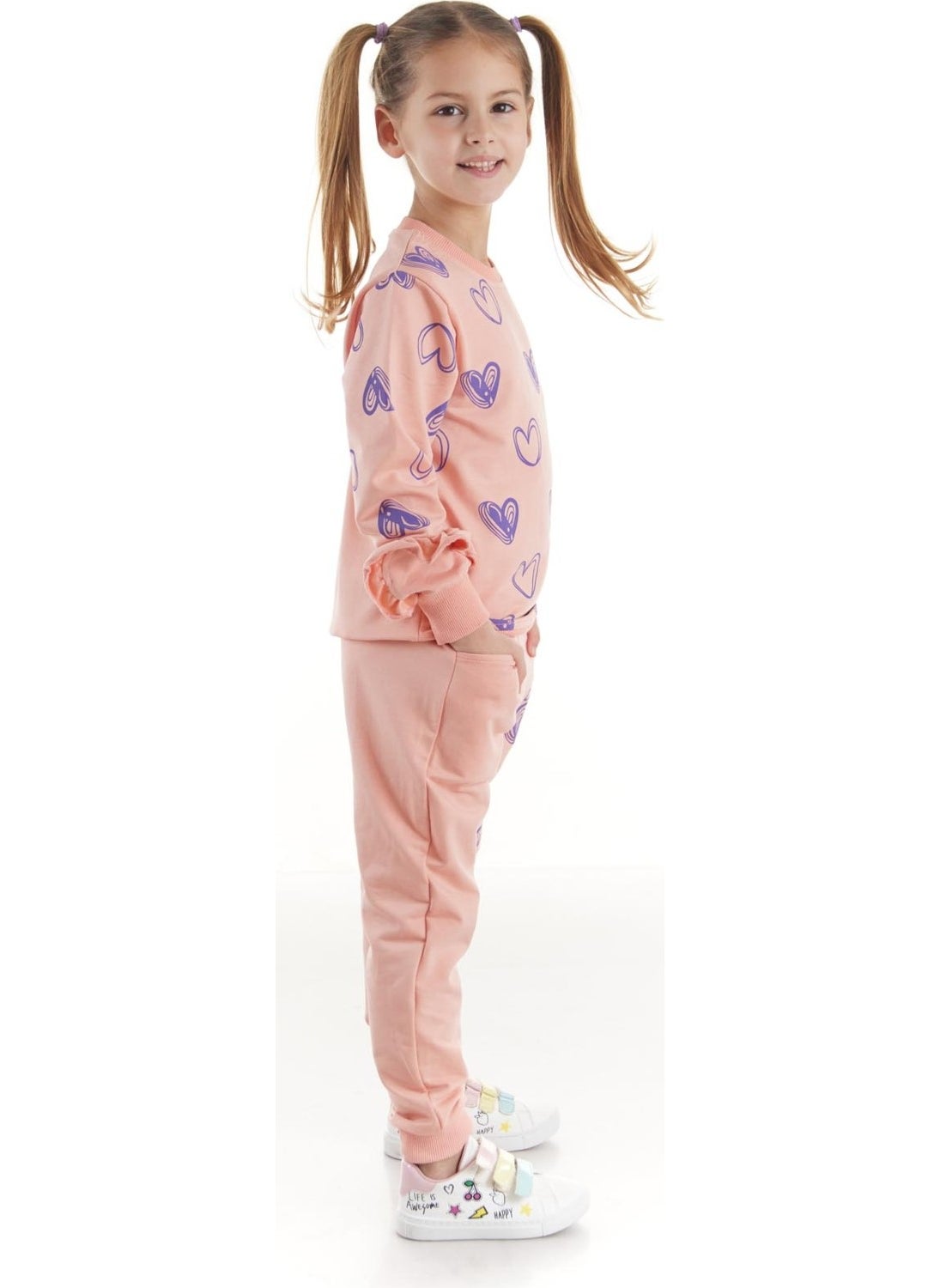 Ahengim - Kids Girls Tracksuit Heart Printed Bottom Top Two Piece Set Cotton Seasonal AK2503 - Image 1
