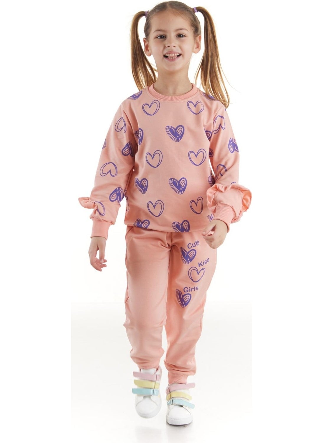 Ahengim - Kids Girls Tracksuit Heart Printed Bottom Top Two Piece Set Cotton Seasonal AK2503 - Image 1