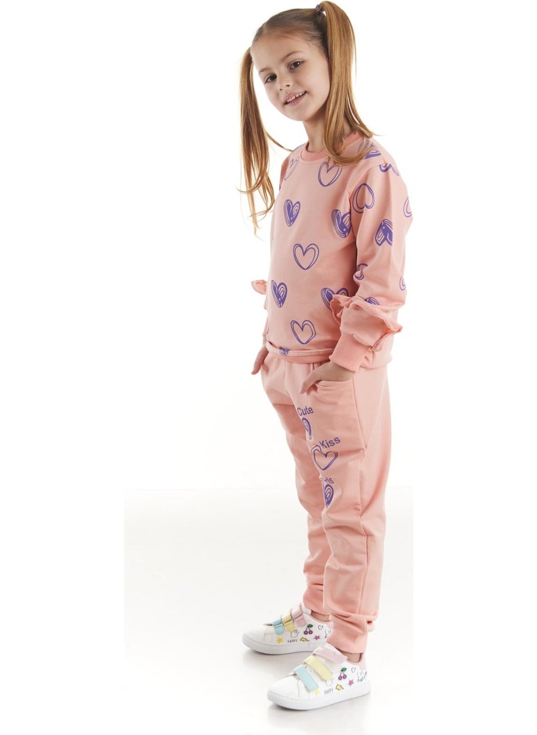 Ahengim - Kids Girls Tracksuit Heart Printed Bottom Top Two Piece Set Cotton Seasonal AK2503 - Image 1